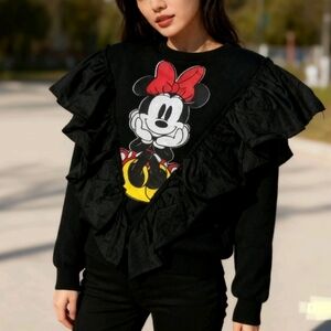 Zara x Disney Minnie Mouse Ruffle Sweatshirt Black Red Graphic Sweater Size S